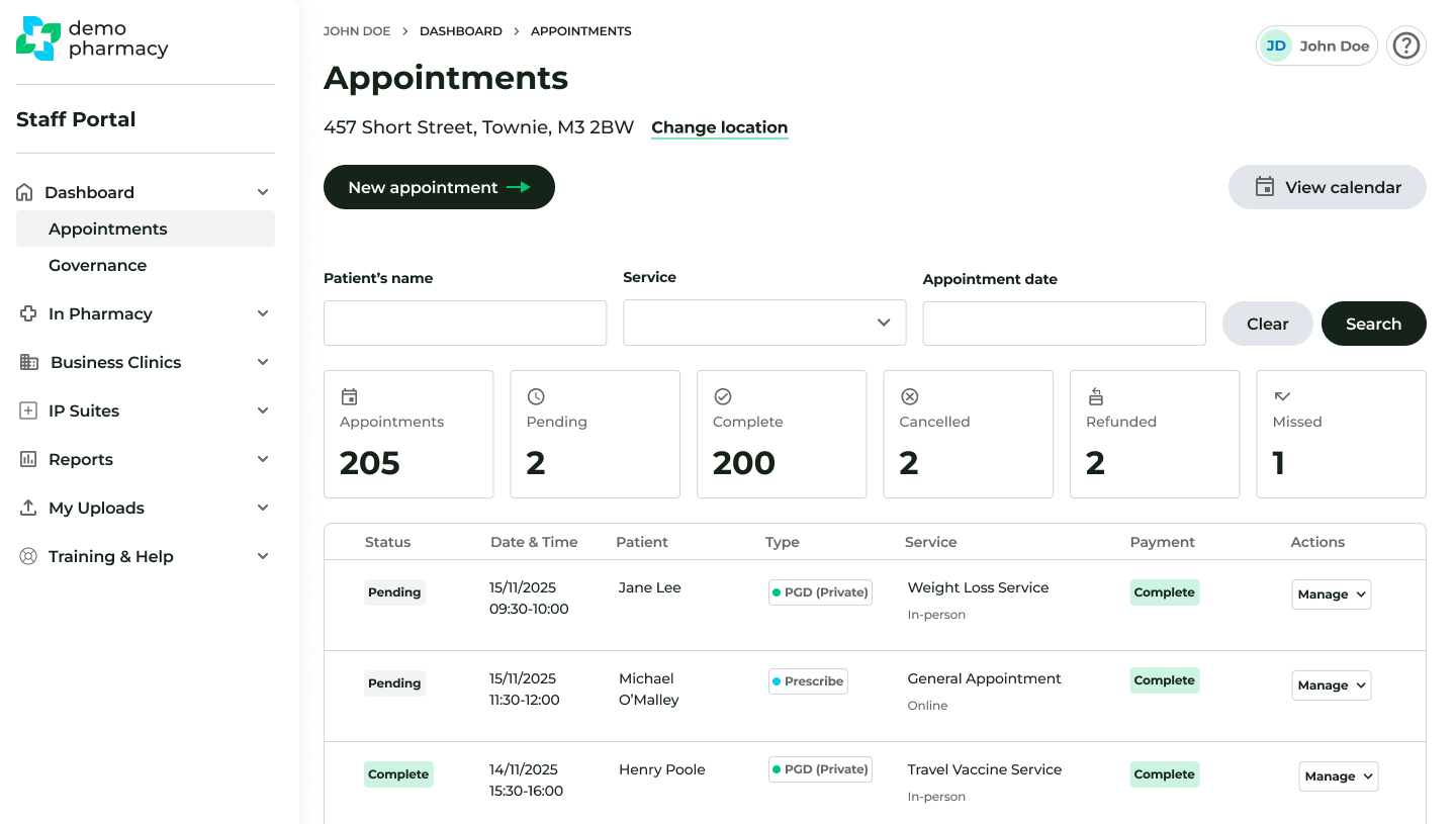 Practice Management webpage featuring appointments